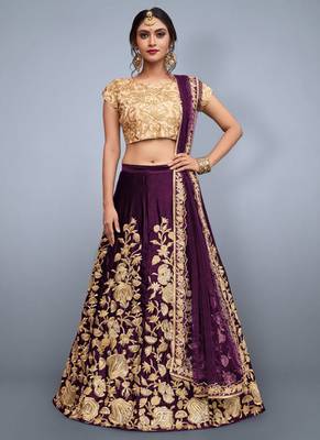 Wine embroidered velvet semi stitched lehenga 1