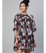 Black Floral Pleated Trapeze Dress