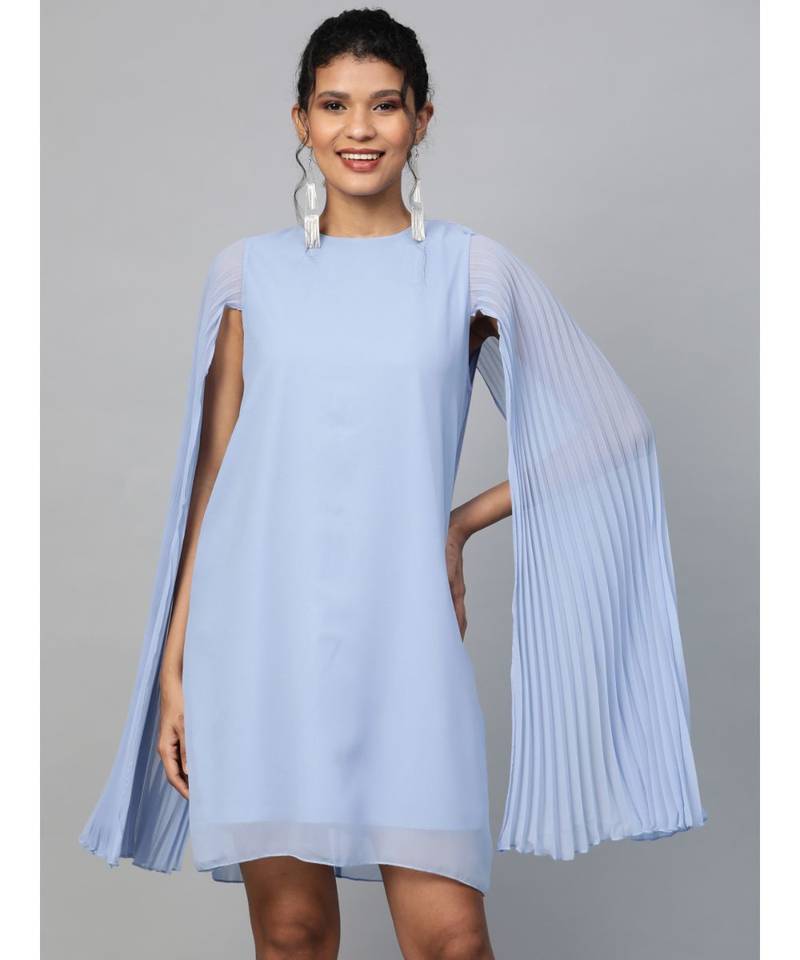 Blue Pleated Cape Dress