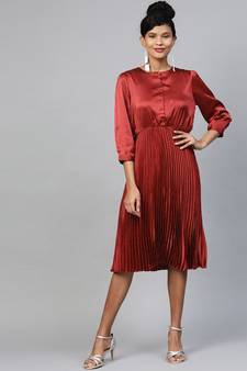 Red Pleated Midi Satin Dress