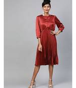Red Pleated Midi Satin Dress