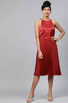 Maroon Satin Pleated Dress for Women