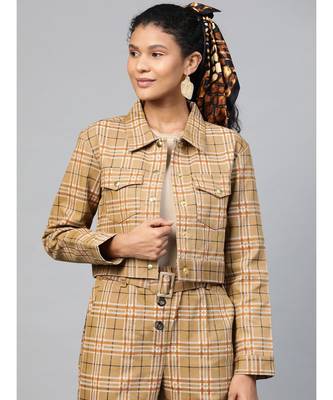 Beige Check Crop Twill Jacket 1