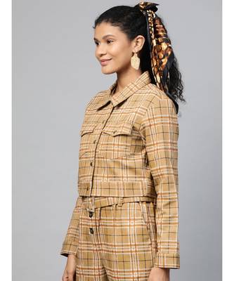 Beige Check Crop Twill Jacket 2