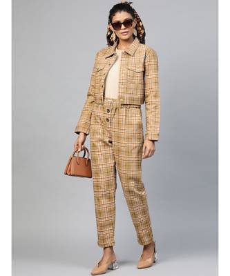 Beige Check Crop Twill Jacket 4