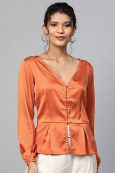 Orange Front Button Peplum Satin Top