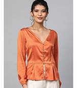 Orange Front Button Peplum Satin Top