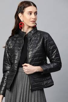 Black Zip-Pocket Quilted Puffer Jacket