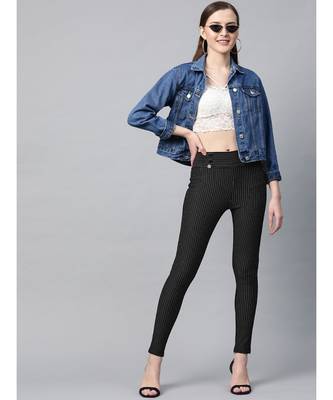 Black High Waist Show Elastic Striped Jeggings 4