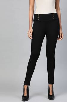Black Mock Button High Waist Jeggings