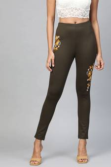 Olive Embroidered Jeggings