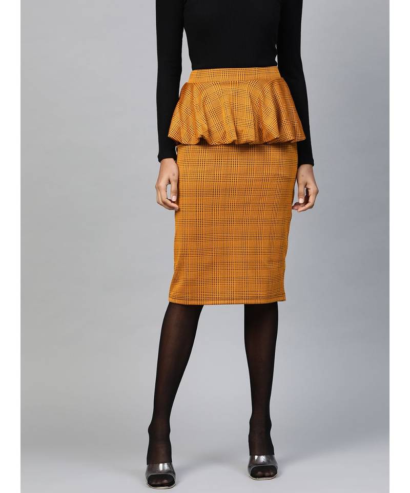 Mustard Jacquard Check Peplum Skirt