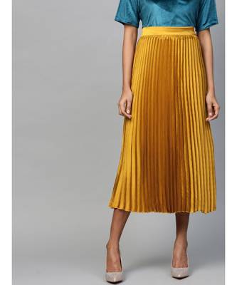Mustard Satin Pleated Midi Skirt 1