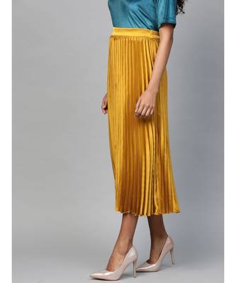 Mustard Satin Pleated Midi Skirt 2