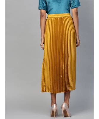 Mustard Satin Pleated Midi Skirt 3