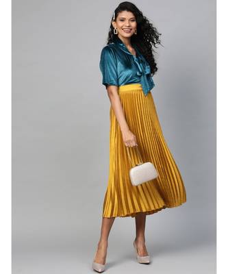 Mustard Satin Pleated Midi Skirt 4