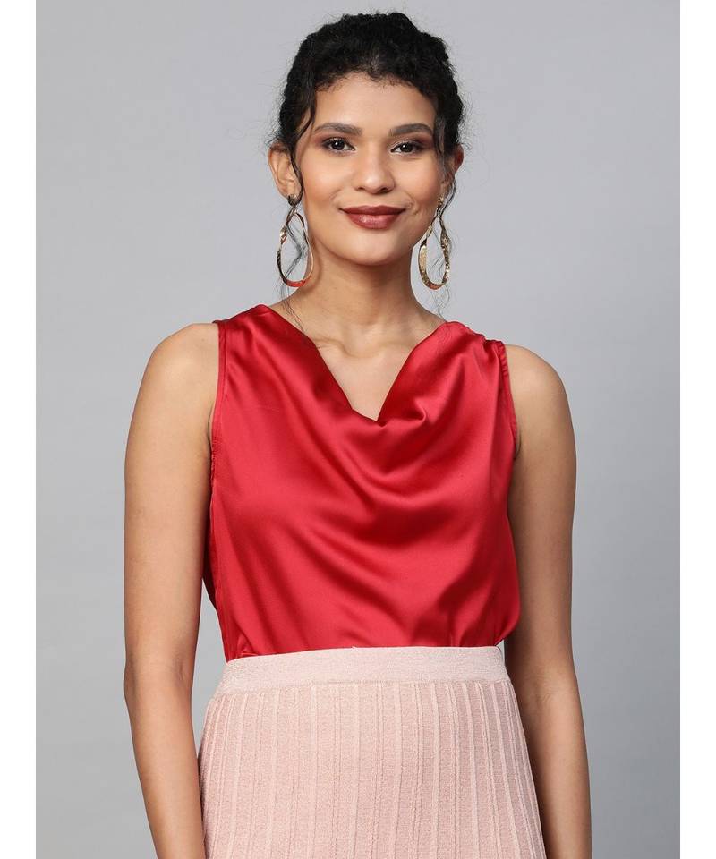 Red Cowl Neck Satin Top