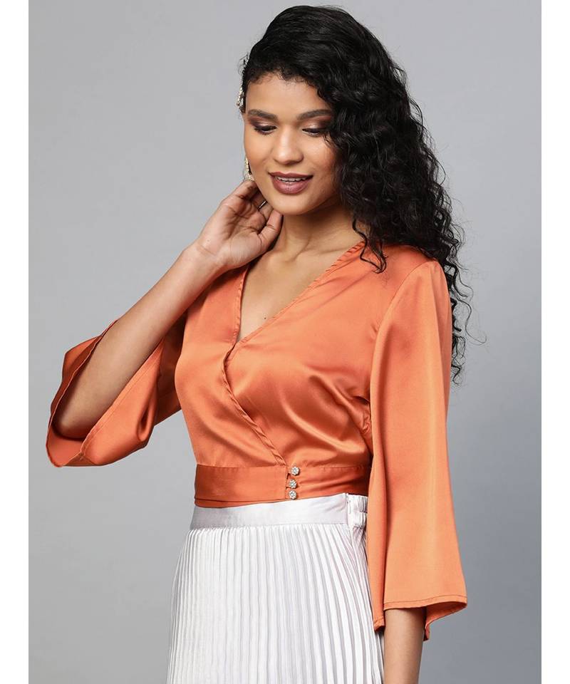 Orange Wrap Crop Satin Top