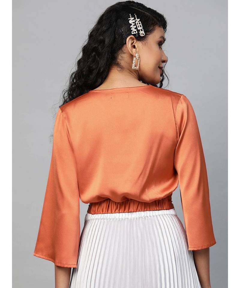 Orange Wrap Crop Satin Top