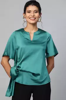 Emerald Green Side Tie Satin Top
