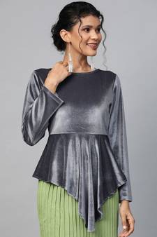 Grey Velvet Asymmetric Peplum Top