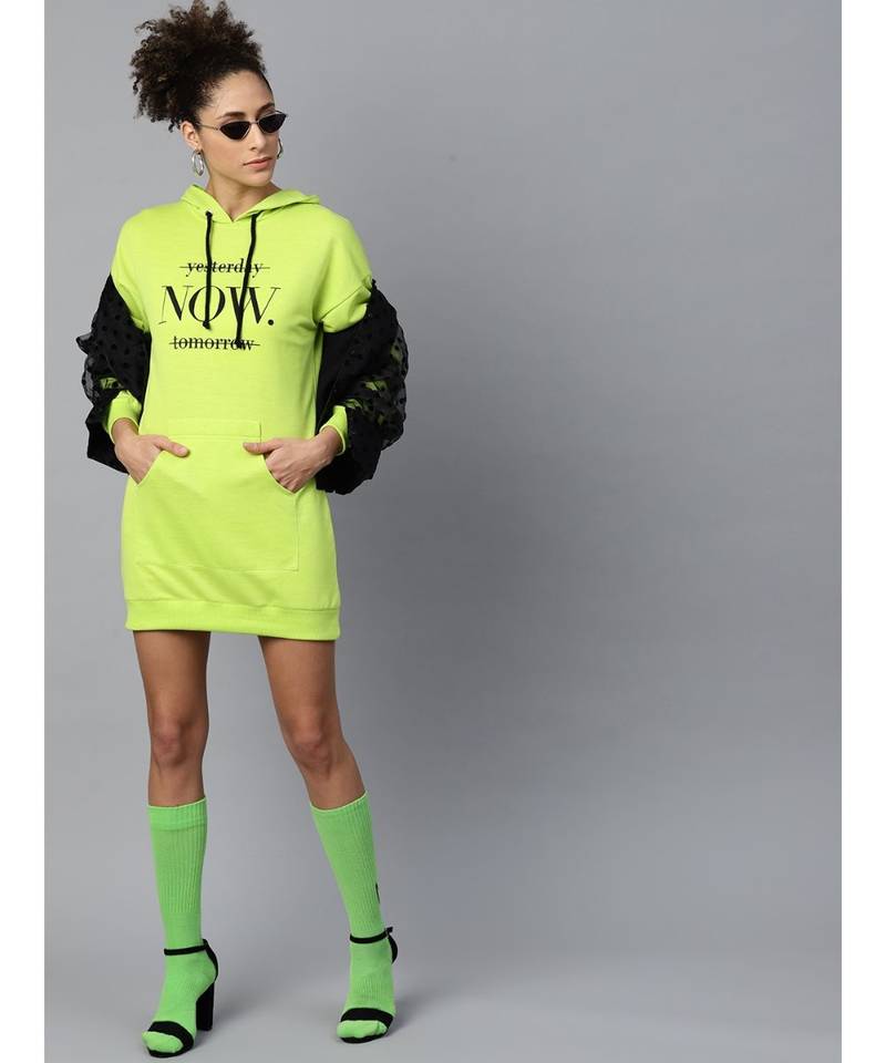 Neon green now-print terry hoodie sweat dress