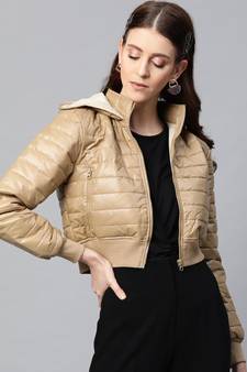 Khaki Hooded Crop Bomber Puffer Jacket