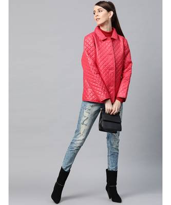 Red Collared Quilted Puffer Jacket 4