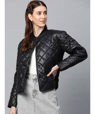 Black Front Snap Button Quilted Puffer Jacket 1