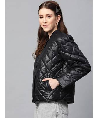 Black Front Snap Button Quilted Puffer Jacket 2