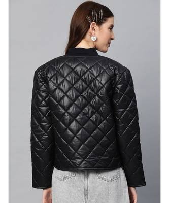 Black Front Snap Button Quilted Puffer Jacket 3