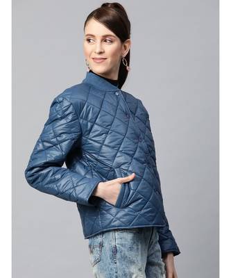 Teal Front Snap Button Quilted Puffer Jacket 2