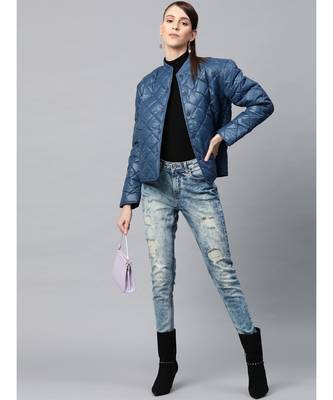 Teal Front Snap Button Quilted Puffer Jacket 4