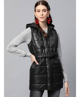 Black Belted Longline Hooded Quilted Jacket 1