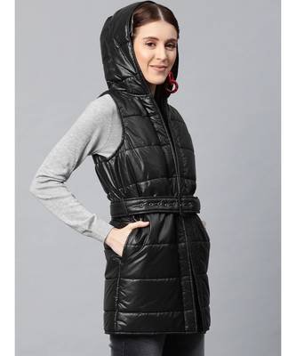 Black Belted Longline Hooded Quilted Jacket 2