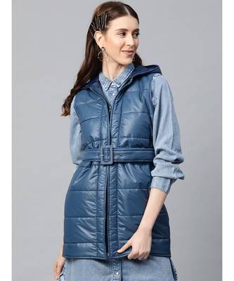 Teal Belted Longline Hooded Quilted Jacket 1