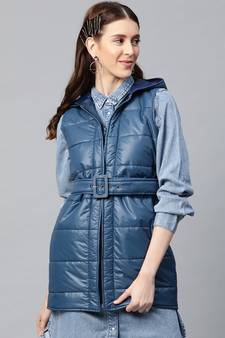 Teal Belted Longline Hooded Quilted Jacket