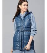 Teal Belted Longline Hooded Quilted Jacket