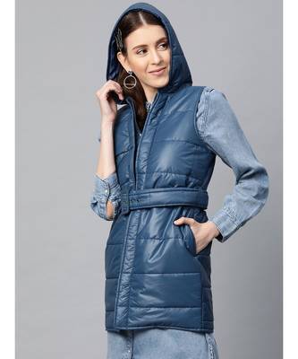 Teal Belted Longline Hooded Quilted Jacket 2