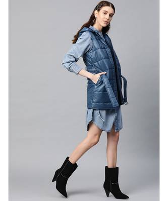 Teal Belted Longline Hooded Quilted Jacket 4