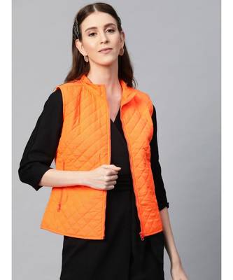 Orange Taffeta Plain Quilted Sleeveless Jacket 1
