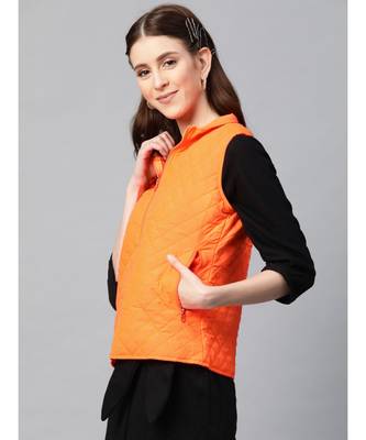 Orange Taffeta Plain Quilted Sleeveless Jacket 2