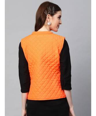 Orange Taffeta Plain Quilted Sleeveless Jacket 3