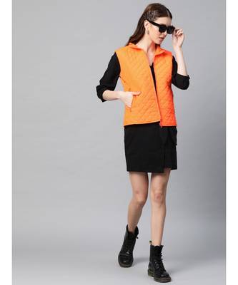 Orange Taffeta Plain Quilted Sleeveless Jacket 4