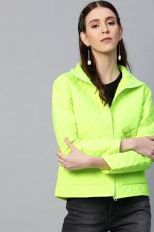 Neon Green Flap Pockets Quilted Puffer Jacket