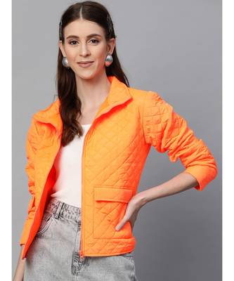 Neon Orange Flap Pockets Quilted Puffer Jacket 1