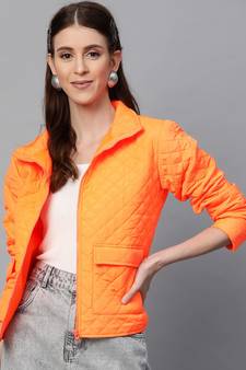 Neon Orange Flap Pockets Quilted Puffer Jacket