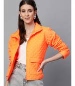 Neon Orange Flap Pockets Quilted Puffer Jacket