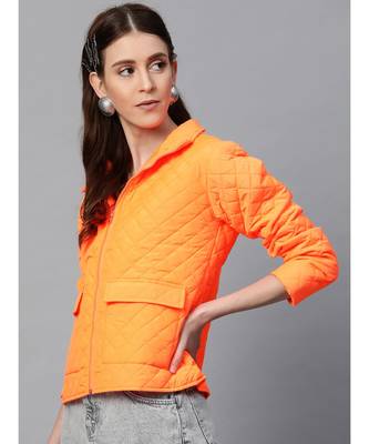 Neon Orange Flap Pockets Quilted Puffer Jacket 2