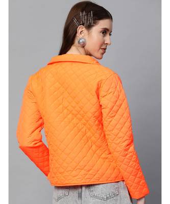 Neon Orange Flap Pockets Quilted Puffer Jacket 3